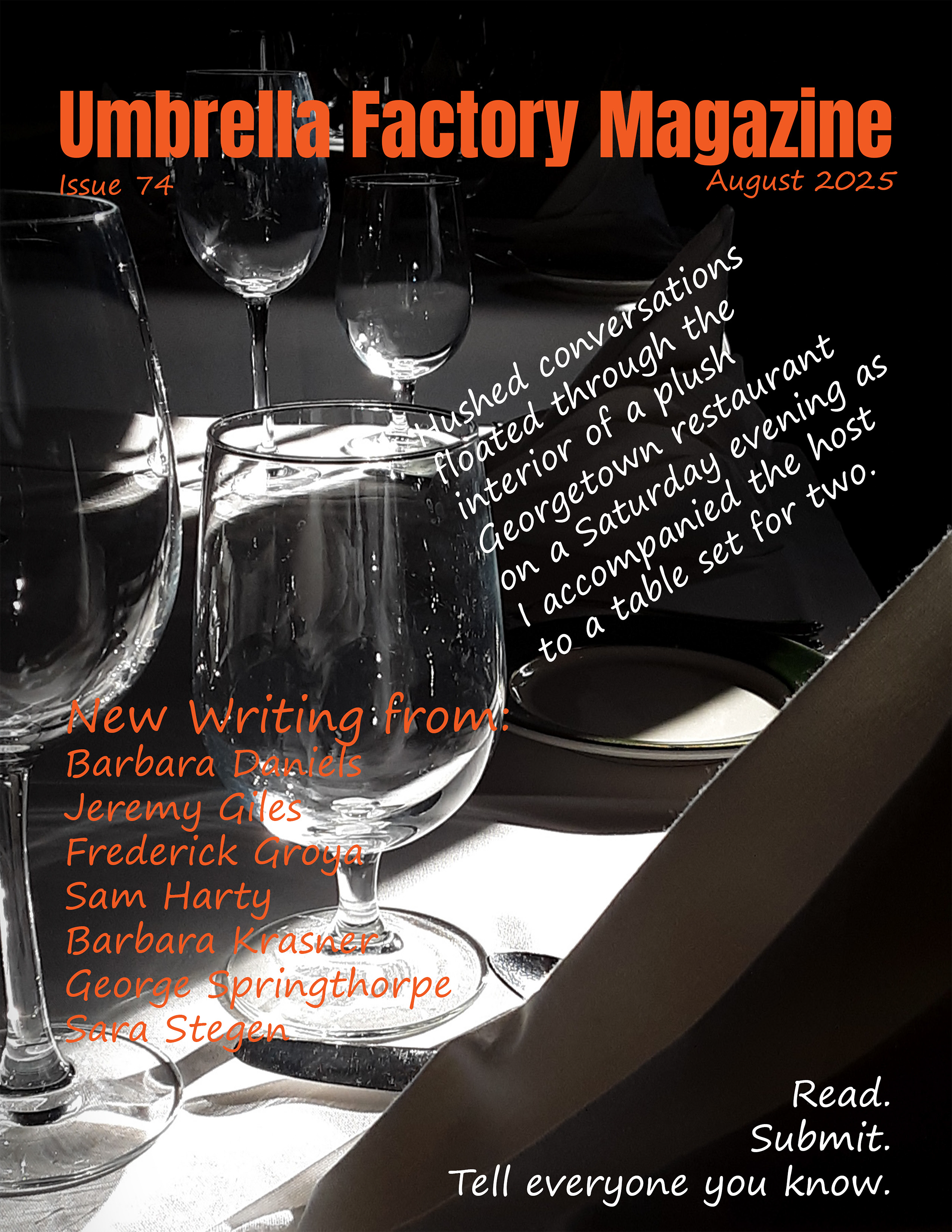 Umbrella Factory Magazine cover, glass of wine, contributors' names.