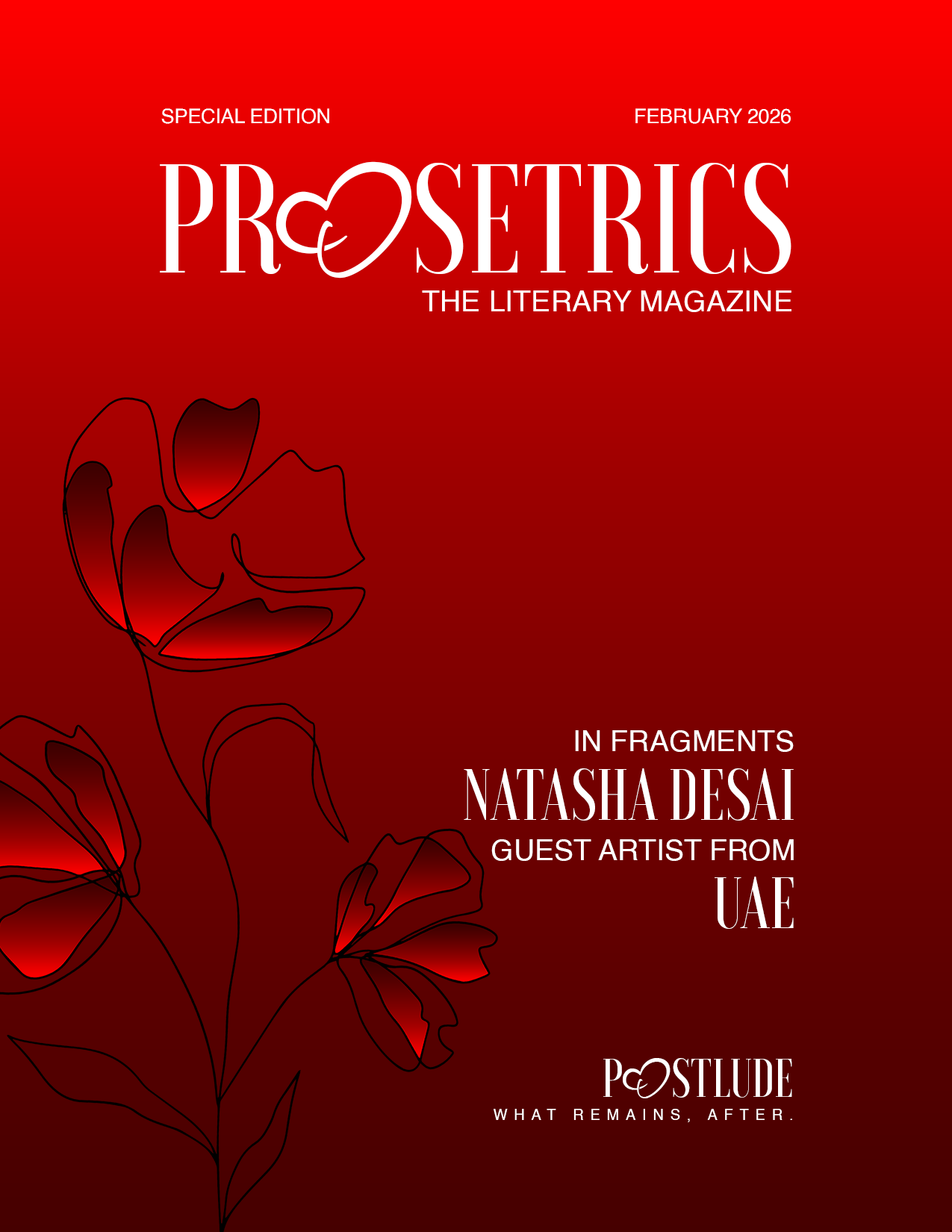Red cover Prosetrics The Literary Magazine. What happens after Valentine's Day.