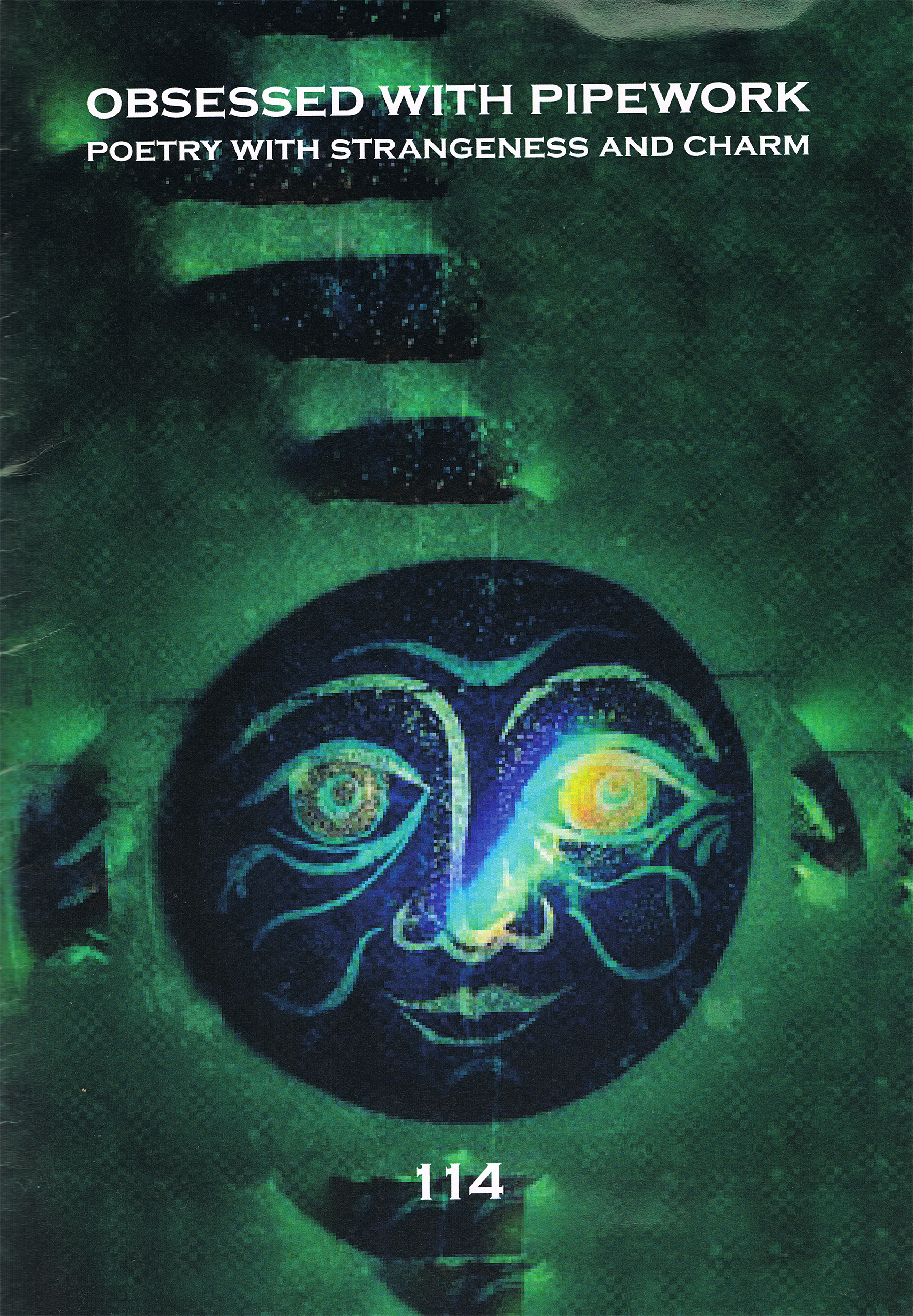 Black moonlike face against green background
